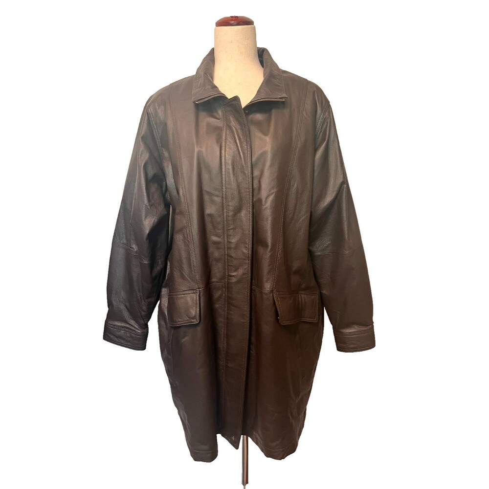 Vtg Veranesi Brown Leather Jacket Women's XXL Faux Fur Lined Zip Long Pockets